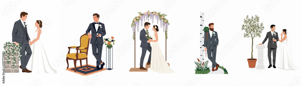 Fototapeta premium Set of elegant flat vector illustrations featuring wedding couples and grooms in romantic poses, including outdoor ceremonies, formal portraits, and marriage proposals on white.