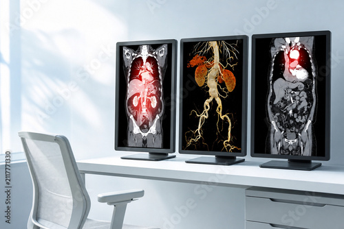 Clinical display showing aortic vascular imaging for clinical review at a modern diagnostic workstation. Generative AI.