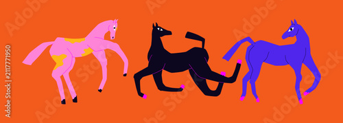 Three Horses in Scandinavian Paper Cut Style Vector Illustration