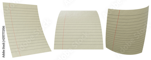 Фотография Lined Paper Trio: Three sheets of aged, lined paper, each with a distinct curve and orientation, suggesting a collection of notes or documents