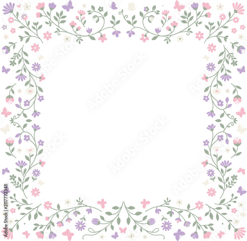 Beautiful square floral border frame with delicate pastel flowers and butterflies on a white background.
