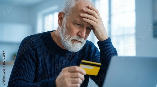 Holding a credit card, a frustrated senior man experiences financial difficulties with online banking using a laptop