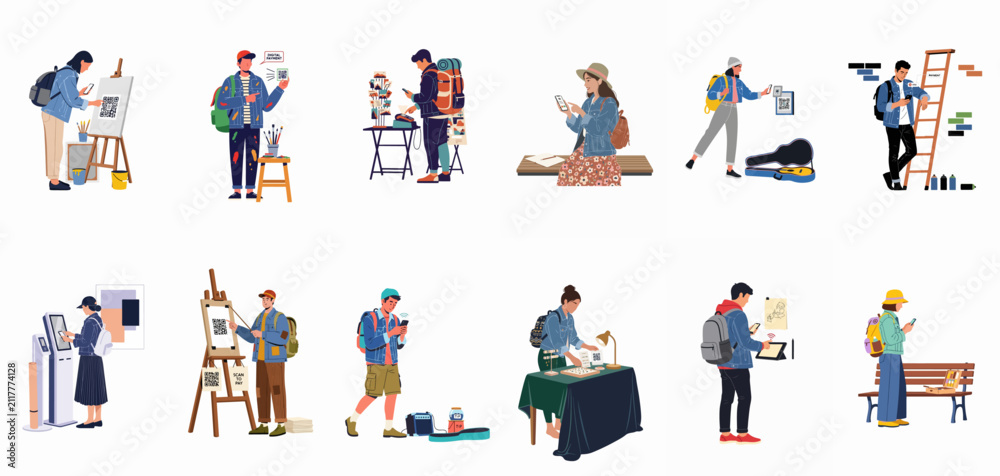 Fototapeta premium Illustrations of diverse people using QR codes for digital payments, tipping street performers, and cashless transactions in various modern lifestyle scenarios.