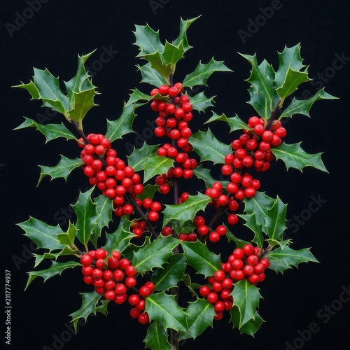 Holly branch with red berries on black background.