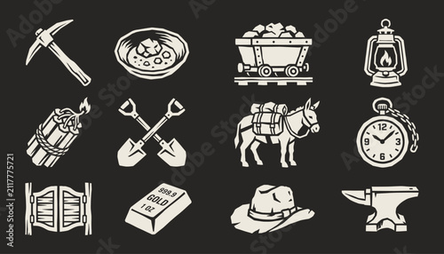 Konstfotografi Vintage gold mining and wild west icon set for historical branding projects