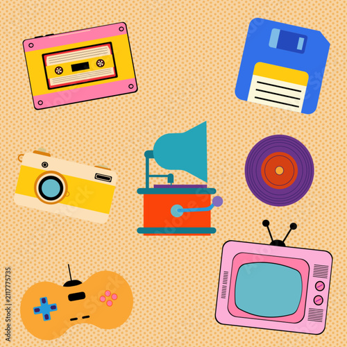 Retro y2k vintage electronics hand drawn illustration colorful 80s 90s nostalgia vector