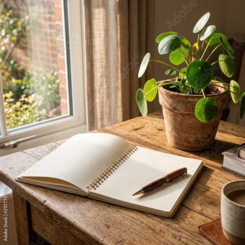 Home office desk with open notebook and green plant.