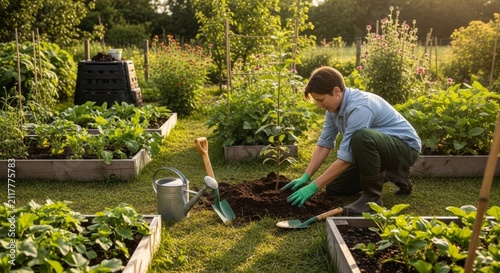 Gardener working in the garden, planting seedlings in the ground