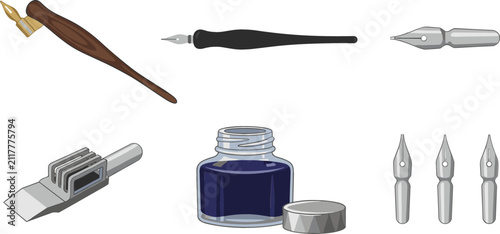 Traditional Calligraphy and Dip Pen Writing Vector Icon Set with Oblique Nib Holder Inkwell Bottle Metal Nibs and Fine Art Lettering Tools