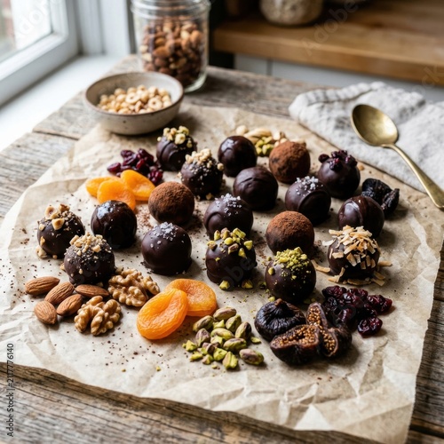 Homemade dark chocolate truffles with nuts and dried fruits.