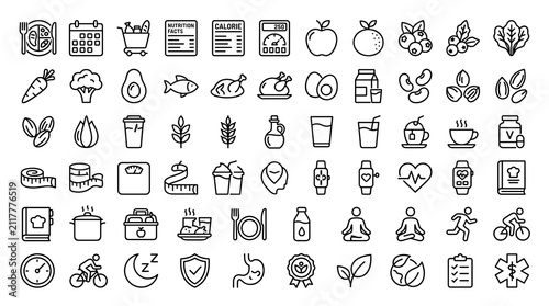 Foto Modern Nutrition and Healthy Lifestyle Line Icon Collection Featuring Meal Plann