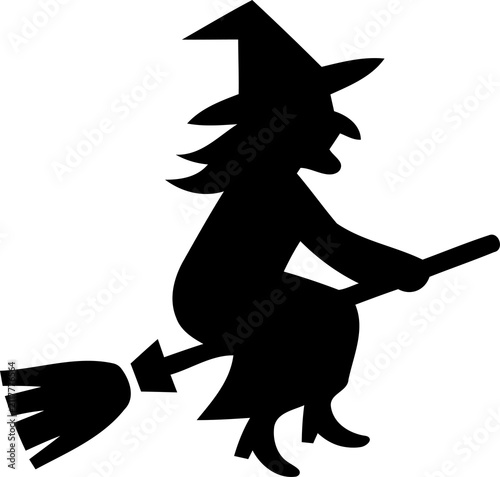 Black silhouette of a witch flying on a broomstick isolated on transparent background