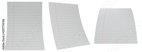 Foto Lined Paper Collection: A trio of lined paper sheets, each presented with a distinct perspective and slight curve, showcases the texture and detail of ruled writing material