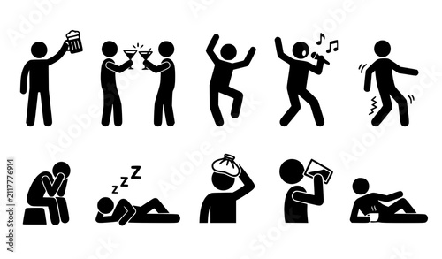 Foto Black stick figure nightlife icon set showing party drinking dancing singing stu