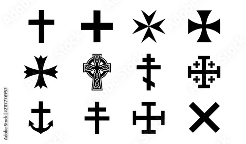 Fotografie Christian cross icons collection with celtic orthodox anchor maltese jerusalem a