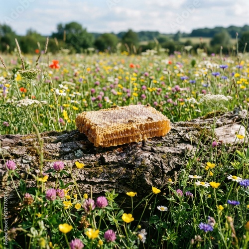 Honeycomb on old log in wildflower meadow.