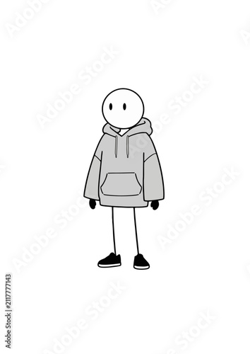 Foto Minimalist stick figure character wearing oversized grey hoodie, neutral introverted mood vector illustration