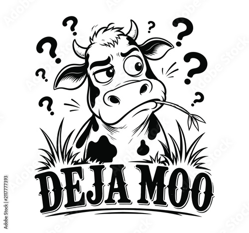 Obraz na płótnie Confused cartoon cow with question marks and text deja moo in a black and white