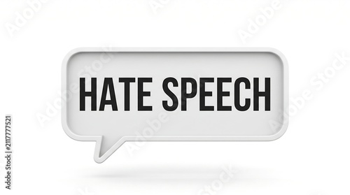 Hate speech text in white 3D speech bubble, social media toxicity concept, online harassment and verbal abuse icon on white background