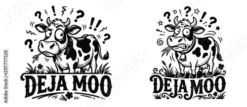 Canvastavla Funny confused cow cartoon character standing in grass with deja moo text typogr