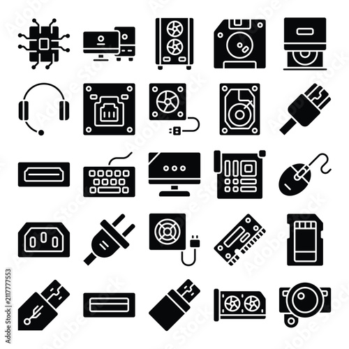Computer hardware icon set featuring PC components, storage devices, cables, and peripherals in glyph solid style Ideal for technology, repair, networking, and computer projects