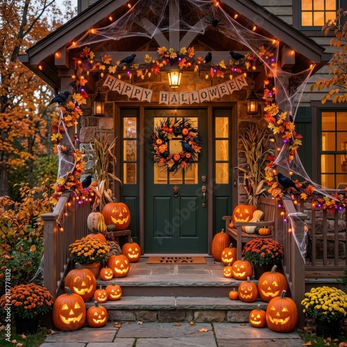 House porch decorated with pumpkins and Halloween autumn decor.