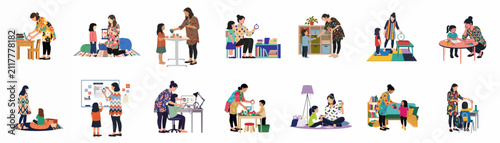A collection of flat illustrations showing teachers and parents helping children with time management, learning, and daily routines in various home and school settings.