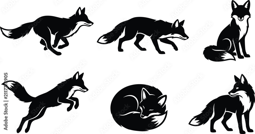 Fototapeta premium Fox Silhouette Vector Collection Featuring Walking, Sitting, Sleeping, and Leaping Poses for Forest Wildlife Design