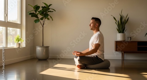Man meditating in lotus position at home, sitting in lotus position