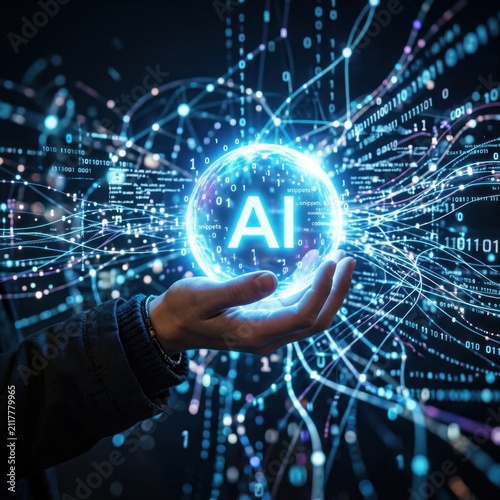 Human hand holding glowing AI orb with digital data.