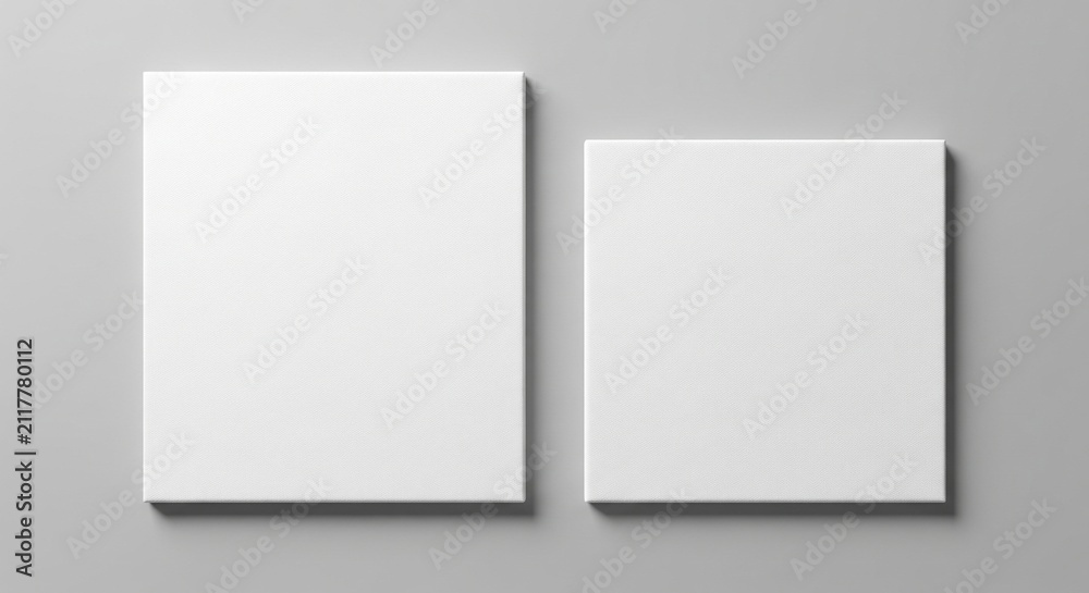 Fototapeta premium Two blank white square canvases on a neutral grey background top-down view