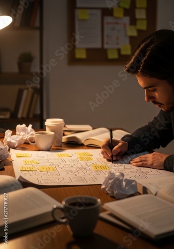 Side view of concentrated young man writing on paper while sitting at table in office