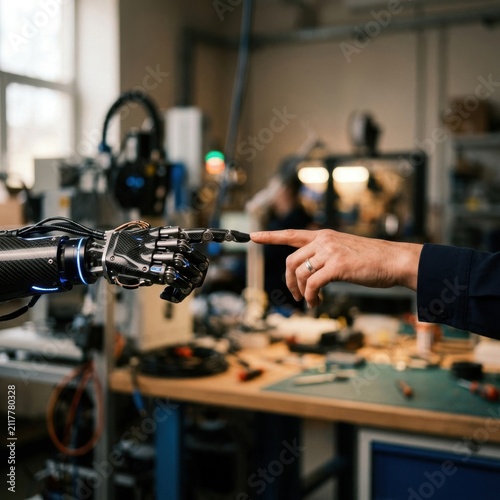 Human hand pointing at robotic prosthetic arm.