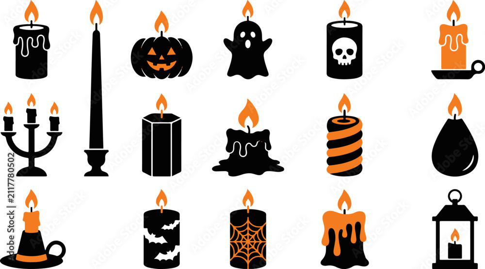 Naklejka premium Set of various halloween candles and lanterns with spooky decorations isolated on a white background