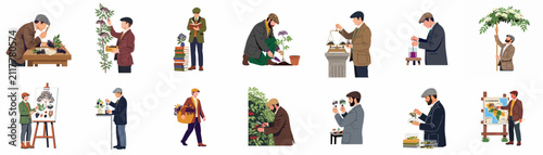 Bild auf Leinwand Set of vintage-style illustrations depicting a man engaged in various stages of elderberry harvesting, botanical study, and preparation on a white background