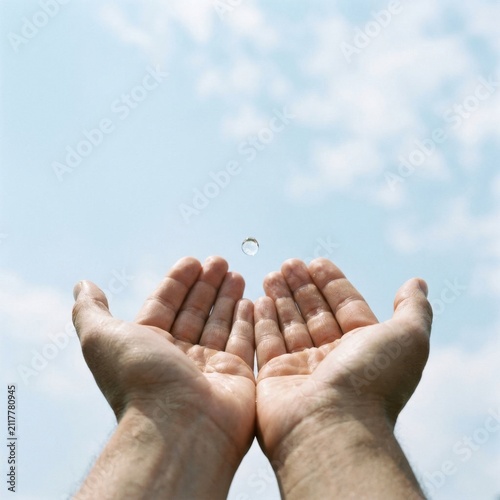 Human hands catching a falling water droplet against sky.