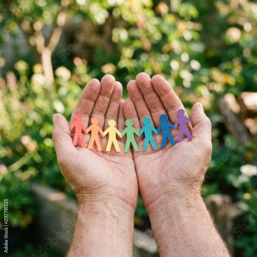 Human hands holding colorful paper people chain.