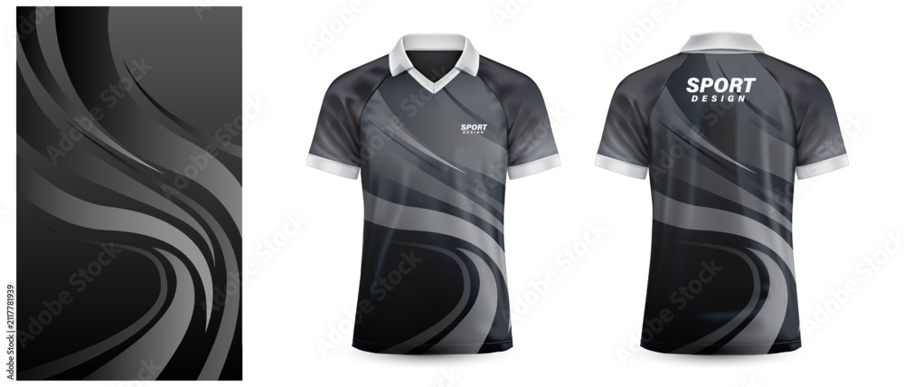 Obraz premium Sport T-Shirt mockup grey curve black pattern on white front and back view design vector