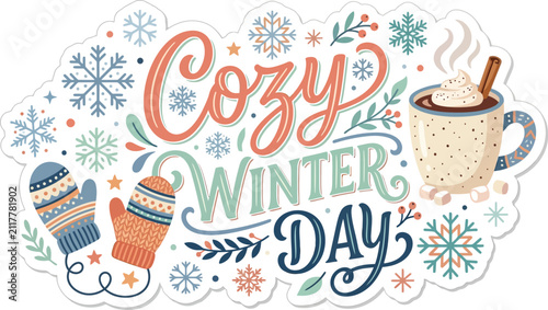 Foto Winter scene with mittens mug and snowflakes vector illustration