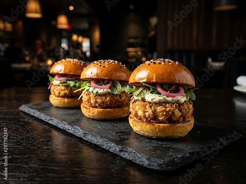 Three delicious beef burgers served on a black stone plate in a dark restaurant setting. mini crab sliders