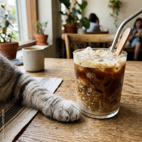 Iced coffee glass and cat paw on table.