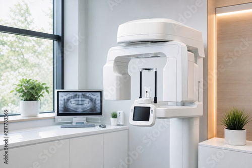 Generative AI medical stock image of cone beam CT dental scanner in a modern dental clinic. Bright modern healthcare interior for radiology, technology and clinical design projects.