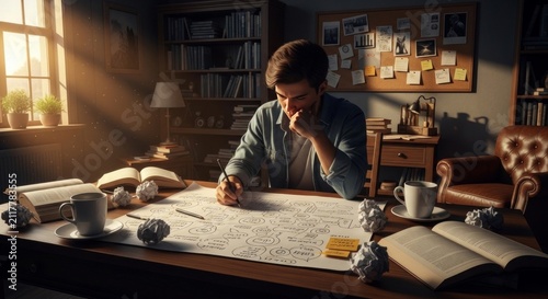 Young man sitting at his desk in his home office and drawing sketches