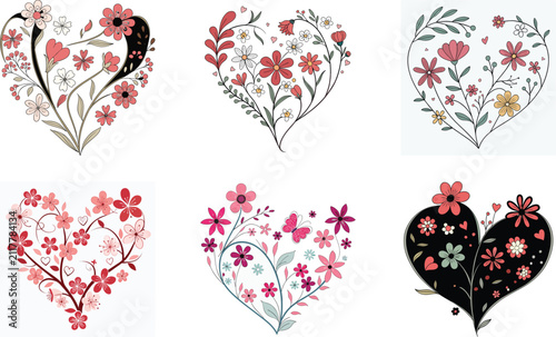 Heart shaped floral arrangements with various flowers. beautiful blossom designs on transparent background.