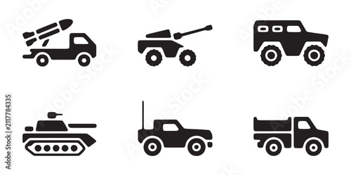 Military vehicles icons rocket launcher truck armored car gun truck jeep.
