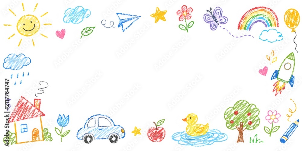 Fototapeta premium Childlike crayon drawings creating a colorful border frame