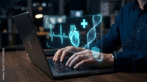 Hands Operating Laptop with Holographic Medical HUD Displaying Heart, DNA, ECG Data, and Security Shield