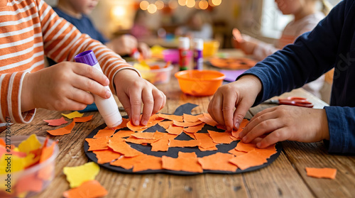 Halloween classroom activities children craft glue paper pumpkin orange black hands kids table art creativity seasonal decoration festive autumn celebration education learning teamwork indoors