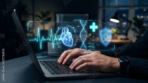 Hands Operating Laptop with Holographic Medical HUD Displaying Heart, DNA, ECG Data, and Security Shield