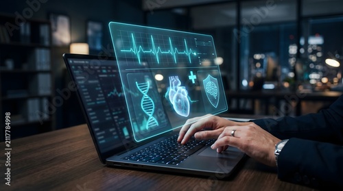 Hands Operating Laptop with Holographic Medical HUD Displaying Heart, DNA, ECG Data, and Security Shield